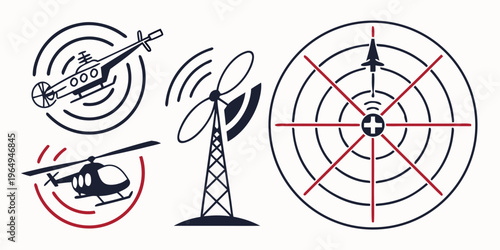 Collection of anti-aircraft radar icons featuring helicopter, airplane, and tower targets