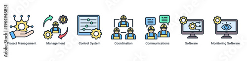 Management System web banner icon vector illustration with icons of Project Management,Management,Control System,Coordination,Communications,Software and Monitoring Software