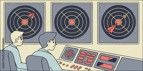 Two men operating a military radar tracking system with multiple screens and controls in a high-tech command center environment.