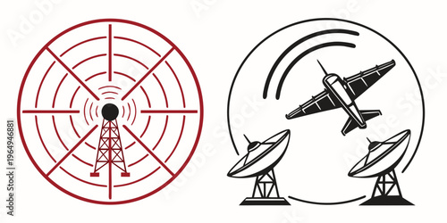 Military defense icons set with radar and satellite dishes tracking airplane, anti-aircraft radar system, surveillance and detection technology, security and protection concept.