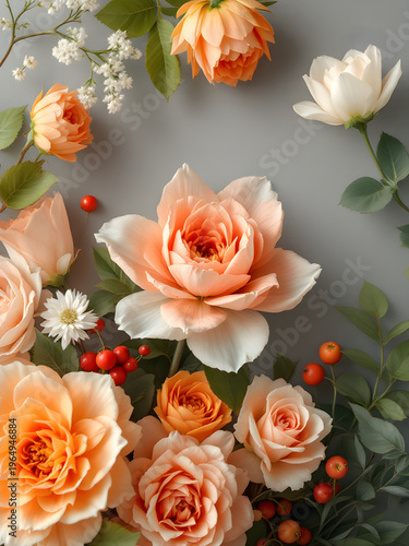 Peach roses and greenery arrangement on gray background