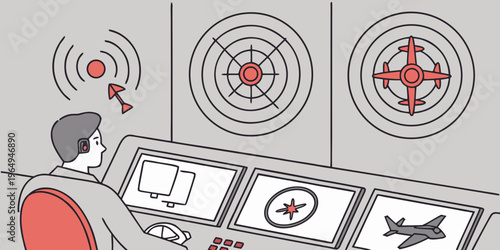 Military radar operator tracking targets on control panel screens with aircraft icon and signal waves in a high tech command center room.