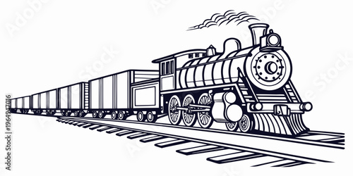 A black and white line art illustration of a vintage steam locomotive freight train traveling along railroad tracks.
