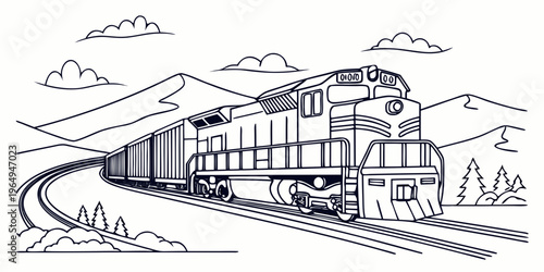 A black and white line art illustration of a cargo freight train traveling along a curved railroad track through a scenic landscape with mountains and trees.