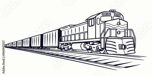 A black and white line art illustration of a cargo freight train traveling along railroad tracks, with multiple freight cars in tow, symbolizing transportation and logistics.