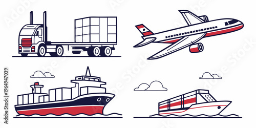 Vector icons of cargo shipping vehicles including truck, airplane, cargo ship, and barge for logistics and transportation concepts.