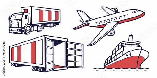 Vector icons of cargo shipping vehicles including truck, airplane, and ship for logistics and transportation concepts.