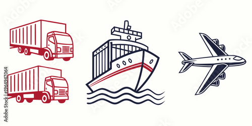 Vector icons of cargo shipping vehicles including trucks, ship, and airplane for logistics and transportation concepts.