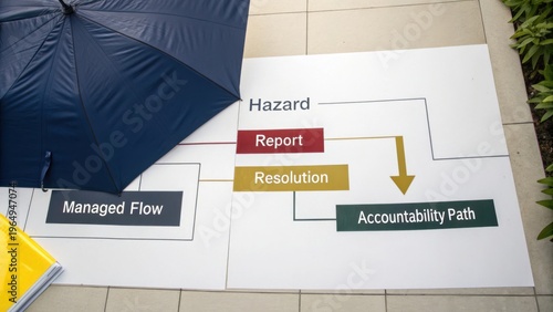 Diagram of process flow with umbrella representing risk management and accountability in business operations