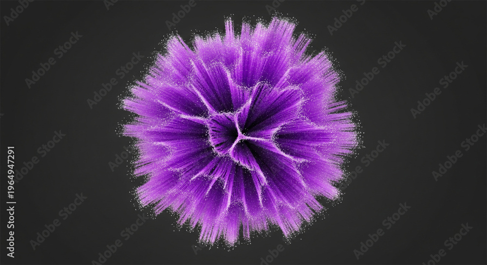 Obraz premium Abstract purple organic shape with fiber texture, 3D microscopic cell structure on dark background, futuristic biological element