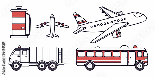 Airport vehicles and aviation icons set including fire truck, airplane, and fuel tank, illustrating airport ground support equipment and transportation.
