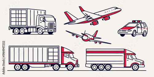 Collection of cargo and logistics vehicles icons including trucks, airplanes, and a police car, used for transportation and shipping.