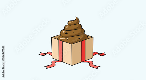 Unexpected gift box containing a brown pile of poop inside with red ribbons and bows on a light blue background layout.