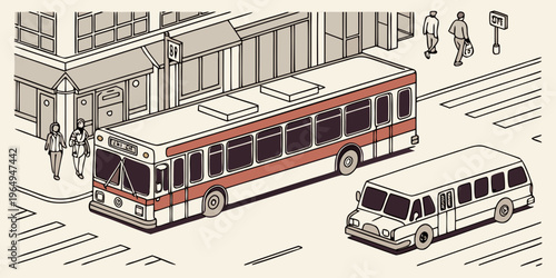 City travel scene with a red and white bus and a van on a road with people walking on the sidewalk, urban transportation concept.