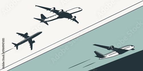 Vector silhouettes of cargo airplanes in flight and on runway, transportation and logistics concept