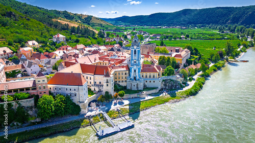 Medieval town of Dürnstein with the iconic blue church tower on Danube river in the Wachau Region, Upper Austria, Austria