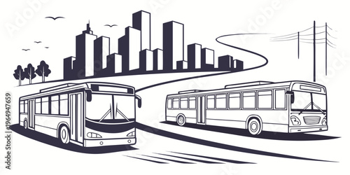 City transportation silhouette set with buses on road and urban skyline in background, illustration of public transit vehicles and metropolitan landscape.