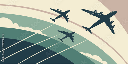 Vector illustration of cargo airplanes in flight, transporting goods globally, aerial view, logistics and transportation concept.