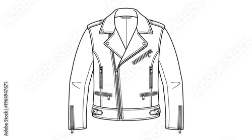 Detailed line art drawing of a classic leather biker jacket.