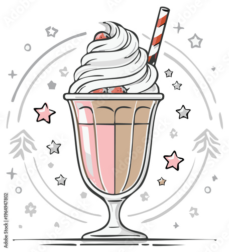Delightful pink and brown layered milkshake with whipped cream and strawberry topping in a tall glass with a straw
