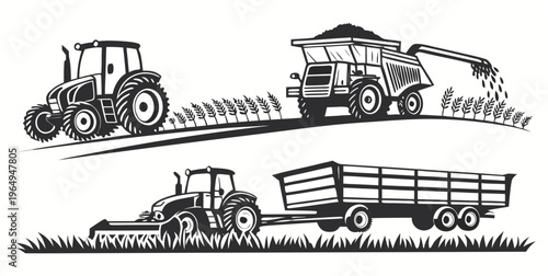 Agricultural vehicles silhouette set including tractor, harvester, and trailer in a rural landscape with grass and crops, ideal for farming and agriculture concepts.