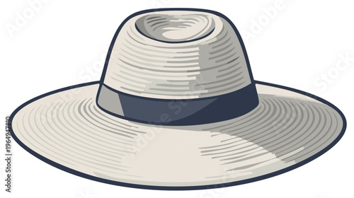 Elegant women's wide brim sun hat with ribbon accent for summer days, hand drawn vector illustration for fashion design