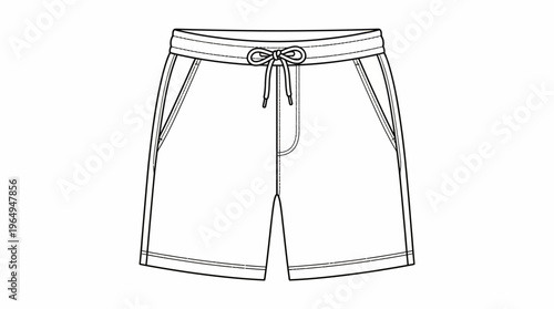 Technical sketch of mens casual shorts with drawstring waist.