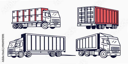 Vector set of cargo transportation trucks in various styles and colors, including red and white semi-trucks with trailers.