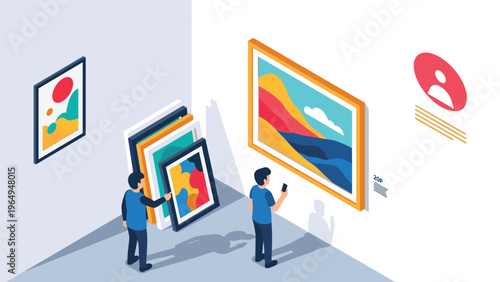 Visitors at an art gallery viewing modern landscape paintings and taking photos with their smartphones in a museum.