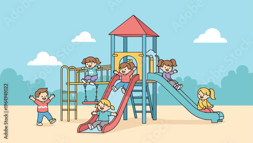 Group of happy young children playing together on a colorful playground structure with slides and climbing frames.