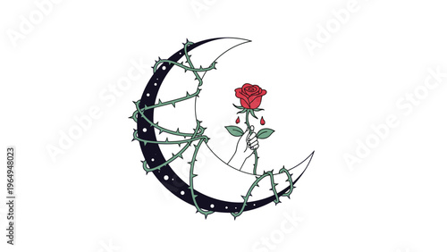 Crescent moon adorned with thorny vines and a hand holding a single red rose with blood drops in a gothic style.
