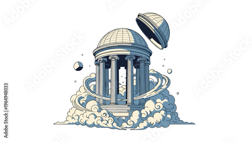 Ancient classical temple dome splitting open to reveal clouds and celestial elements in a surreal architectural design.