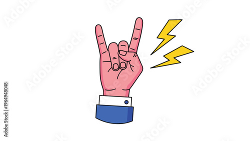 Human hand making the rock on sign with two fingers raised next to bright yellow lightning bolts in a pop art style.