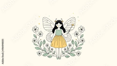 Beautiful fairy with black hair and wings holding a magic wand while standing in a decorative frame of pink flowers.