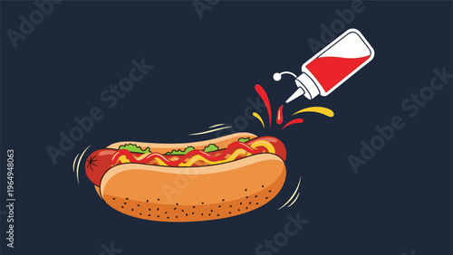 Delicious hot dog with mustard and green relish being squirted with ketchup from a plastic bottle on dark blue.