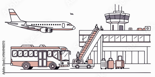 Airport transport vehicles set, including airplane, bus, and tug, at a modern terminal with a control tower and travelers with luggage, for travel and aviation concepts.