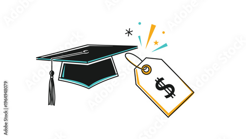 Black graduation mortarboard cap next to a white price tag with a gold border and a black dollar sign symbol.