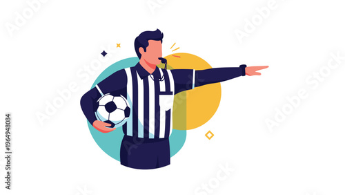 Professional soccer referee wearing a striped shirt blowing a whistle and pointing his arm to signal a game foul.