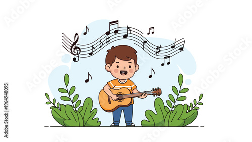 Young boy happily playing an acoustic guitar while musical notes on a staff float in the air behind him in nature.