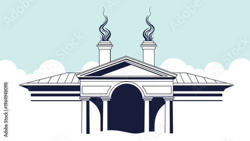 Large classic building with two tall chimneys emitting dark smoke against a light blue sky with white clouds.