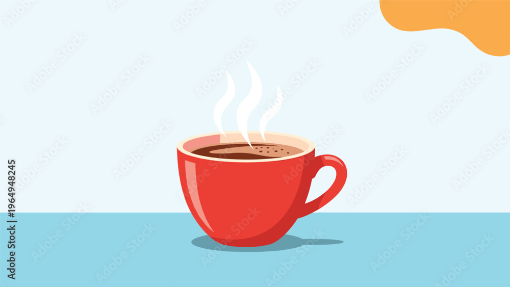 Fototapeta premium Steaming hot coffee or tea in a bright red ceramic cup on a blue surface with a warm yellow cloud shape in the background.