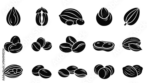 Collection of black and white silhouette icons representing various types of seeds, nuts, and grains for agriculture and nutrition themes.