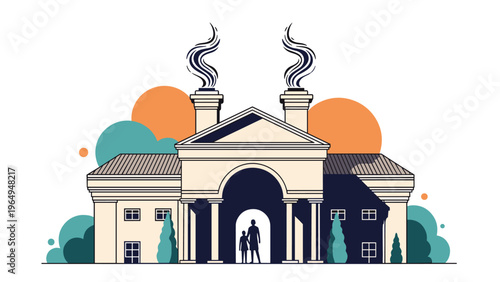 Elegant classical style building with two smoking chimneys and silhouettes of a family in the archway against a colorful background.