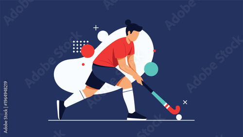 Female athlete in a red shirt and dark shorts playing field hockey with a stick and ball on a dark blue background with abstract shapes.