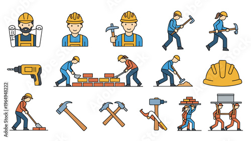 Comprehensive set of icons showing construction workers in safety gear performing different tasks like building walls and using tools.