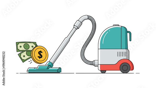 Colorful illustration of a modern vacuum cleaner sucking up dollar bills and coins symbolizing high costs, expenses, or financial drain.