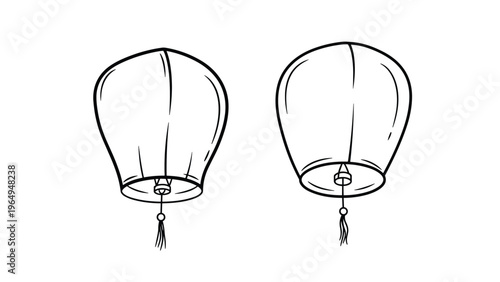 Black and white line drawing of two sky lanterns with tassels floating in the air for a festival celebration or traditional event.