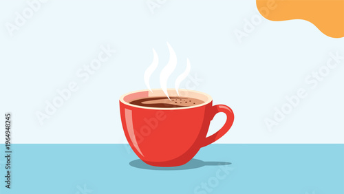 Steaming hot coffee or tea in a bright red ceramic cup on a blue surface with a warm yellow cloud shape in the background.