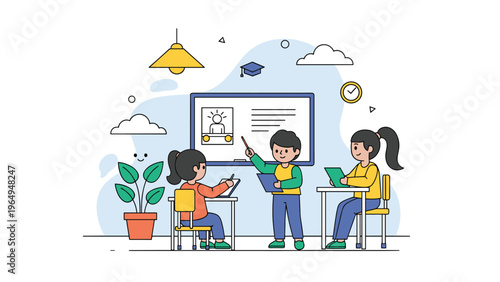 Group of diverse school children interacting in a modern classroom with a digital whiteboard, plants, and educational icons in the air.