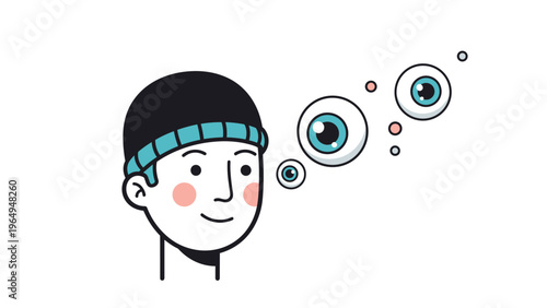 Surreal illustration of a young man with a beanie looking at several floating eyeballs of different sizes with a curious expression.